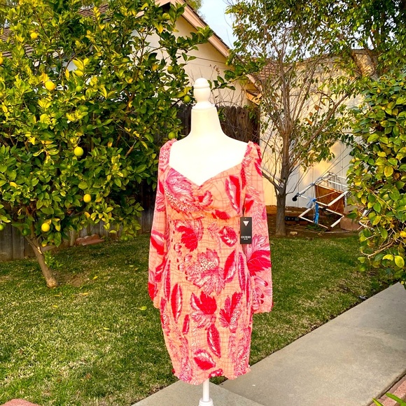 GUESS  CYPRESS RED PUFFED SLEEVES MAUVE PRINT SMOCKED MINI DRESS Sz ME… - Picture 1 of 16